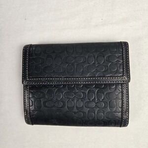 Coach Black Embossed Signature Leather Bifold Wallet Small Double Side Monogram